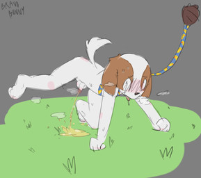 acting_like_a_dog all_fours anthro balls bdsm blush bodily_fluids brown_body brown_fur butt disembodied_hand duo embarrassed fur genital_fluids genitals grass holding_leash holding_object leash male male_anthro multicolored_body multicolored_fur nervous nervous_sweat peeing penis petplay plant raised_leg roleplay sweat tail two_tone_body two_tone_fur urine walking white_body white_fur bravobunny canid canine canis domestic_dog mammal