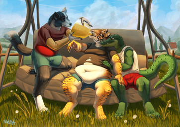 4_toes 5_fingers anthro barefoot belly belly_expansion belly_inflation big_belly clothed clothing day detailed_background digitigrade expansion feet fingers fur grass group inflation male navel outside overweight plant sitting smile striped_body striped_fur stripes toes whiskers azsola canid canine canis collie domestic_dog felid herding_dog mammal pantherine pastoral_dog sheepdog tiger 2016