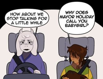 ambiguous_gender ambiguous_human anthro bag brown_hair car clothing collared_shirt dark_body dark_skin dialogue driving driving_car duo eyelashes female hair horn looking_at_viewer multicolored_clothing purple_clothing seat_belt shirt simple_background speech_bubble talking_to_another text topwear vehicle punchingmoths deltarune undertale_(series) why_does_serizawa_call_you_babygirl kris_dreemurr toriel boss_monster_(undertale) bovid caprine goat human mammal digital_media_(artwork) english_text hi_res meme adopted_(lore) adoptive_mother_(lore)