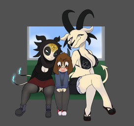 2_tails age_difference anthro big_breasts black_bottomwear black_bra black_clothing black_footwear black_horn black_sandals black_shirt black_shorts black_topwear black_underwear blue_clothing blue_eyes blue_sweater blue_topwear blush bottomwear bra breasts cleavage clothed clothing crossed_legs female footwear forehead_jewelry frown fur grey_bottomwear grey_clothing grey_footwear grey_horn grey_inner_ear grey_pants grey_shoes group hooves horn larger_anthro larger_female looking_at_another looking_down male multi_tail older_anthro older_female pants pupils purple_clothing purple_footwear purple_shoes red_bottomwear red_clothing red_skirt sandals shirt shoes shorts size_difference skirt smaller_anthro smaller_male smile smirk spade_tail sweater tail topwear trio underwear white_body white_fur young young_anthro young_male younger_anthro younger_male alter077 lucy_(hladilnik) shay_(hladilnik) tommy_(hladilnik) bovid caprine demon goat mammal hi_res