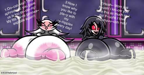 areola aroused bath big_areola big_breasts big_nipples bodily_fluids breasts duo excessive_bodily_fluids excessive_lactation feathers female female/female huge_areola huge_breasts huge_nipples hyper hyper_areola hyper_breasts hyper_nipples lactating milk milk_bath nipples pink_areola stated_incest text multifaker5 hellaverse helluva_boss octavia_(helluva_boss) stella_(helluva_boss) avian bird owl english_text hi_res