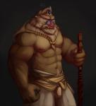 abs anthro beard biceps bulge clothed clothing crown detailed_bulge facial_hair fangs genital_outline headgear male muscular muscular_anthro muscular_male navel nipples pecs penis_outline solo teeth khangakhai haplorhine mammal mandrill monkey old_world_monkey primate hi_res