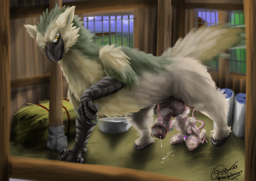 animal_genitalia animal_penis anthro anthro_on_feral balls beak bestiality bodily_fluids bucket chastity_cage chastity_device claws container cum cumshot detailed_background duo ejaculation equine_genitalia equine_penis feathers feet feral fur genital_fluids genitals green_body hay hay_bale male male/male male_on_feral penis penis_grab penis_on_face precum quadruped size_difference stable steam steamy_penis talons tan_body tan_fur text toes yellow_eyes galma european_mythology greek_mythology mythology moche_(bageldragon) avian hippogriff mammal mouse murid murine mythological_avian mythological_creature rodent 2025 absurd_res hi_res signature url