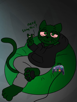 4_fingers 4_toes anthro bean_bag black_clothing black_pawpads black_sweater black_topwear bottomwear clothing controller drugs feet fingers fur game_controller gamecube_controller green_bean_bag green_body green_fur green_tail grey_bottomwear grey_clothing grey_pants grey_sweatpants male marijuana marijuana_blunt nintendo_controller pants pawpads red_sclera solo substance_intoxication sweater sweatpants tail toes topwear bulbert_(artist) gamecube nintendo alex_(reeree457) domestic_cat felid feline felis mammal 3:4 absurd_res hi_res