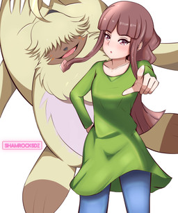anthro belly duo female fluffy gesture hair hair_over_eyes hand_gesture male pointing pointing_at_viewer shamrocksdz bandai_namco digimon digimon_ghost_game ruri_tsukiyono angoramon digimon_(species) human mammal absurd_res hi_res