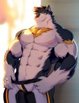 anthro black_body black_fur blue_eyes bottomwear clothing fur male muscular muscular_anthro muscular_male nipples pants solo white_body yellow_body yellow_eyes yellow_fur bozi vortiganshine canid canine canis mammal wolf absurd_res hi_res