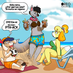 anthro beach bikini bra butt clothed clothing detailed_background dialogue eyelashes female food fur group hair holding_object horn long_eyelashes male motion_lines one-piece_swimsuit open_mouth outside pink_horn sand sandwich_(food) seaside sky smile speech_bubble surprised swimming swimwear tail tear_trough text throwing topwear trio two-piece_swimsuit underwear water white_body yellow_body yellow_cap yellow_fur oreo_tlacuache animal_crossing nintendo elagrena gt_bx isabelle_(animal_crossing) aquatic bovid canid canine canis caprine domestic_dog fox goat grey_fox mammal shiba_inu shih_tzu spitz toy_dog urocyon 1:1 digital_media_(artwork) hi_res partially_translated spanish_text translation_request