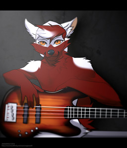 5_fingers anthro bass_guitar black_bars black_nose fingers fur guitar hair looking_at_viewer male musical_instrument orange_eyes plucked_string_instrument red_body red_fur red_hair smile solo string_instrument white_body white_fur white_hair angiewolf canid canine canis domestic_dog mammal digital_media_(artwork) shaded