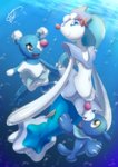 ambiguous_gender beach beverage blue_eyes blue_hair cloud fangs group hair long_hair sea seaside star teeth water kicktyan nintendo pokemon brionne generation_7_pokemon mammal marine pinniped pokemon_(species) popplio primarina hi_res