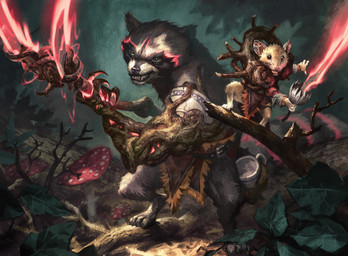 ambiguous_gender anthro barefoot biped brown_body brown_fur clenched_teeth container cup duo facial_markings feet fungus fur grey_body grey_fur head_markings holding_melee_weapon holding_object holding_polearm holding_sword holding_weapon looking_at_viewer magic markings mask_(marking) melee_weapon mushroom plant polearm size_difference smile standing sword teeth weapon michal_ivan hasbro magic:_the_gathering wizards_of_the_coast mammal mouse murid murine procyonid raccoon rodent 2024 absurd_res digital_media_(artwork) hi_res official_art