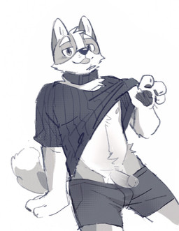 anthro blep bottomwear cheek_tuft clothed clothing clothing_lift collar erection facial_tuft genitals glans head_tuft humanoid_genitalia humanoid_penis leaning leaning_backward looking_at_viewer male narrowed_eyes nipples penis penis_poking_out shirt shirt_lift simple_background sitting solo tongue tongue_out topwear tuft unsigned asnnonaka canid canine canis domestic_dog mammal hi_res monochrome
