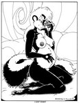 2003 anthro border breasts dated english_text feet female fur greyscale hair hand_on_belly mammal mephitid monochrome navel nipples nude pawpads pillow pregnant pregnant_female skunk soles solo steamfox text toes white_border