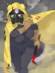 anthro areola big_areola big_breasts biped black_areola black_body black_fur black_nipples bodily_fluids breasts chest_tuft cloak clothing crotch_tuft crowbar female fur gas_mask gloves grey_background hand_on_own_arm handwear hazard_symbol hazmat_suit heart_symbol holding_crowbar holding_object holding_tool hood long_tail looking_at_viewer mask mostly_nude multicolored_body multicolored_fur navel nipples radiation_symbol simple_background skunk_spray solo sound_effects standing sweat symbol tail text tools tuft two_tone_body two_tone_fur walking white_body white_fur wide_hips kame_3 mammal mephitid skunk 2022 absurd_res digital_media_(artwork) hi_res japanese_text portrait three-quarter_portrait translated