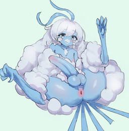 ahoge anthro anthrofied anus balls beak blue_body blue_eyes blue_tail_feathers butt feathers feet femboy fluffy fur genitals hair happy male medium_hair nipples penis pokemorph presenting presenting_anus solo tail tail_feathers talons toes white_body white_fur white_hair miroxen nintendo pokemon altaria avian generation_3_pokemon pokemon_(species) hi_res