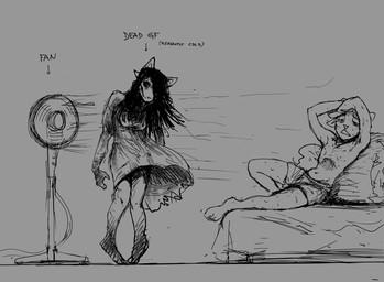 anthro bodily_fluids bone boxers_(clothing) clothed clothed_anthro clothed_female clothed_male clothing directional_arrow dress duo electric_fan fan_(object) female fur grey_background hair heat_(temperature) knock-kneed long_hair lounging male male/female on_furniture oscillating_fan pointy_ears prick_ears reclining simple_background skinny_male skull skull_head standing sweat text underwear underwear_only hladilnik carol_(hladilnik) daniel_(hladilnik) canid canine canis domestic_dog ghost mammal spirit wolf digital_drawing_(artwork) digital_media_(artwork) english_text hi_res monochrome