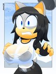 anthro bottomwear breasts clothing female fingerless_gloves fur gloves grey_body grey_fur handwear pants shirt solo topwear wet wet_clothing wet_shirt wet_topwear slickehedge sega sonic_the_hedgehog_(series) fan_character makia eulipotyphlan hedgehog mammal absurd_res hi_res