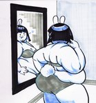 anthro belly belly_rolls big_belly big_butt black_clothing black_hair black_underwear bra breasts butt clothed clothing double_chin fat_arms fat_rolls female fluffy fluffy_tail fur hair hand_on_hip happy heart_symbol inside looking_at_mirror looking_at_object looking_at_self love_handles mirror muffin_top obese obese_anthro obese_female one_eye_closed open_mouth open_smile overweight overweight_anthro overweight_female panties pose reflection short_tail small_breasts smile solo standing tail thick_thighs underwear underwear_only white_body white_fur wink mk_artichoke cass_(mk_artichoke) lagomorph leporid mammal rabbit traditional_media_(artwork)