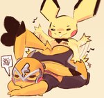2022 ambiguous_gender blush butt butt_from_the_front butt_slap clothed clothing cosplay_pikachu_(costume) drumming duo embarrassed female feral generation_1_pokemon generation_2_pokemon kiseff lying nintendo on_front pichu pikachu pikachu_libre pokemon pokemon_(species) simple_background slap smile spanking