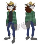 3_toes 4_toes anthro barefoot biped bottomwear brown_hair clothed clothing cowboy_hat denim denim_bottomwear denim_clothing feet fur green_clothing green_jacket green_topwear hair hat headgear headwear jacket jeans long_hair long_snout male pants paws plaid shirt simple_background smile snout solo southern standing tail toes topwear conditional_dnp kippy stuart_k_reilly_(character) canid canine canis coyote mammal digital_media_(artwork) hi_res model_sheet