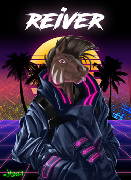 anthro badge brown_body brown_fur cyberpunk fur male retro solo striped_body striped_fur stripes synthwave white_body white_fur white_stripes ironraptor equid equine horse mammal hi_res