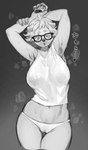 anthro biped bodily_fluids breasts eyewear factory female freckles front_view fur glasses hair hands_above_head heart_symbol midriff one_eye_closed pawpads raised_arms short_hair solo standing steam sweat text thigh_gap pororikin mammal absurd_res greyscale hi_res japanese_text monochrome portrait three-quarter_portrait