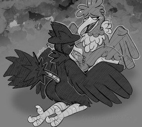 ambiguous_gender beak beak_fetish beak_play beak_sex beakjob black_body black_feathers black_tail black_wings blush bodily_fluids claws duo eyes_closed feathers feet fellatio genitals grey_background grey_body grey_feathers grey_wings kneeling looking_aside male male/ambiguous open_beak open_mouth oral penile penis saliva saliva_on_penis sex simple_background sitting tail tail_feathers talons toes tongue wings crownedvictory nintendo pokemon avian cramorant generation_2_pokemon generation_8_pokemon murkrow pokemon_(species) 2022 absurd_res digital_media_(artwork) greyscale hi_res monochrome signature sketch watermark