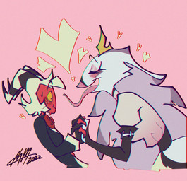almost_kissing anthro armwear beak black_clothing black_gloves black_handwear black_jacket black_topwear blush bodily_fluids bow_tie claws clothed clothing crown dress duo elbow_gloves eyebrows eyelashes eyes_closed feathers female fingerless_gloves freckles gloves hair hand_holding handwear hat headgear headwear heart_symbol horn jacket larger_female long_tongue male male/female open_mouth red_body red_bow_tie shirt simple_background size_difference smaller_male smile suit sweat sweatdrop tiara tongue tongue_out topwear white_body white_clothing white_dress white_feathers white_freckles white_hair yellow_sclera space_hatter hellaverse helluva_boss moxxie_(helluva_boss) stella_(helluva_boss) anatid anseriform anserine avian bird demon humanoid imp swan hi_res