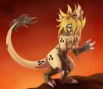 2015 alternate_version_at_source anthro bent_over black_body black_fur blonde_hair dinosaur dromaeosaurid fur hair hi_res hyena looking_at_viewer luxuria male mammal nude paws rareel reptile scalie simple_background solo spotted_hyena theropod velociraptor