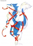 anthro biped blue_body blue_fur bound countershading female fur gift gift_wrapped ribbons simple_background solo standing tail white_background kashmere morpheuskibbe kate_(morpheuskibbe) mammal sergal 2012 signature