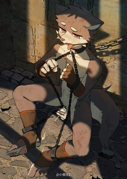 anthro balls black_body blush bodily_fluids censor_bar chained_collar chastity_cage chastity_device clothing collar cuff_(restraint) cum cumshot dirty ejaculation embarrassed fingerless_gloves footwear genital_fluids genitals gloves handwear high-angle_view kemono male mouth_spreader nude on_ground penis restraints shackles sitting slim socks solo stirrup_socks three-quarter_view tongue tongue_out translucent translucent_chastity_cage toye2004 canid canine canis domestic_dog mammal censored hi_res watermark