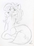 anthro biped breasts butt eyebrows eyelashes female hair kneeling looking_back nude side_boob simple_background smile solo tail white_background spunky_(artist) fanservice_fox canid canine fox mammal 2008 black_and_white monochrome sketch