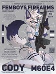 3:4 anthro blep canid canine clothed clothing cover crossdressing english_text eyewear femboy fictional_magazine_cover fox glasses gun hi_res holding_object holding_ranged_weapon holding_weapon jewelry kneeling legwear light_machine_gun m60e4 machine_gun magazine_cover male mammal marcus_gray pendant qr_code ranged_weapon round_glasses shirt solo text thigh_highs toeless_legwear tongue tongue_out topwear weapon