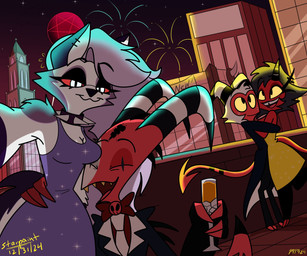 :3 accessory alcohol anthro arm_around_waist arm_outstretched bangs beverage black_clothing black_hair blue_clothing blue_dress bow_tie breasts building cartoon_freckles champagne_glass city city_background cleavage closed_smile clothed clothed_anthro clothed_female clothed_humanoid clothed_male clothing collar container cup detailed_background dress drinking_glass ear_piercing eyelashes eyes_closed facial_tuft female fireworks freckled_face freckles fur glass glass_container glass_cup grey_body grey_fur grey_hair group hair half-closed_eyes holidays horn hug long_eyelashes long_hair male male/female mouth_closed narrowed_eyes necktie night occult_symbol on_roof open_mouth open_smile outside pentagram piercing pupils red_body red_sclera red_skin selfie slit_pupils smile spade_tail sparkles sparkling_eyes spiked_collar spikes striped_horn stripes symbol tail teeth tooth_gap tuft white_body white_eyes white_fur white_hair yellow_clothing yellow_dress yellow_sclera 49ersrule07 starpaintart hellaverse helluva_boss mythology new_year new_year_2025 blitzo_(helluva_boss) loona_(helluva_boss) millie_(helluva_boss) moxxie_(helluva_boss) canid canid_demon canine demon hellhound humanoid imp mammal mythological_canine mythological_creature 2024 6:5 artist_collaboration hi_res adopted_(lore) adopted_daughter_(lore) adoptive_father_(lore) daughter_(lore) father_(lore) father_and_child_(lore) father_and_daughter_(lore) parent_(lore) parent_and_child_(lore) parent_and_daughter_(lore)