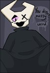 1_eye ambiguous_gender black_body black_border border broken_horn cheek_spots clothed clothing crotch_focus crotch_lines degradation dialogue featureless_crotch flat_face floating_head horn low-angle_view not_furry null pink_eyes question solo speech_bubble spread_legs spreading text upskirt white_head x_eyes vexedcalyx sanction_(vexedcalyx) shape_head unknown_species 2024 colored digital_drawing_(artwork) digital_media_(artwork) english_text