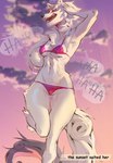 anthro anthrofied ball bikini clothed clothing cloud eyes_closed female fur laugh long_tail open_mouth outside partially_clothed raised_arm sky smile solo sunset swimwear tail two-piece_swimsuit volleyball_(ball) white_body white_fur momobeda capcom clover_studio okami_(capcom) amaterasu_(okami) canid canine canis mammal wolf