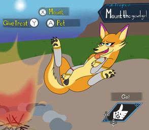alternate_species anatomically_correct anatomically_correct_anus anatomically_correct_genitalia anatomically_correct_vulva animal_genitalia animal_vulva anus bedroom_eyes bestiality black_pawpads blush butt campfire canine_genitalia canine_vulva female feral gameplay_mechanics genitals gesture gui hand_gesture lying narrowed_eyes on_back outside pawpads presenting presenting_anus presenting_hindquarters presenting_vulva seductive solo three-quarter_view thumbs_up vulva aaron_amethyst capcom monster_hunter canid canine canis canyne mammal palamute absurd_res digital_media_(artwork) hi_res paint_tool_sai_(artwork)