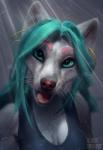 anthro artist blue_hair clothed clothing detailed_eyes ear_piercing ear_ring female fur grey_body grey_fur hair open_mouth piercing ring_piercing smile solo tongue whiskers mint.sheep liza canid canine fox mammal 2019 3d_(artwork) digital_media_(artwork) hi_res