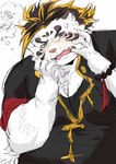 anthro asian_clothing belly blue_eyes bracelet chinese_clothing clothing east_asian_clothing eyewear fur glasses jewelry male overweight pink_nose solo striped_body striped_fur stripes white_body white_fur popcornduck2 lifewonders tokyo_afterschool_summoners licho_(tas) felid mammal pantherine tiger hi_res