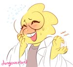 anthro blush bodily_fluids buckteeth claws clothed clothing coat embarrassed eyes_closed eyewear female flying_sweatdrops front_view gesture glasses hand_on_face lab_coat laugh open_mouth open_smile scales shirt simple_background smile solo sweat sweatdrop teeth text three-quarter_view topwear waving yellow_body yellow_scales dongoverlord undertale undertale_(series) alphys lizard reptile scalie english_text half-length_portrait portrait signature