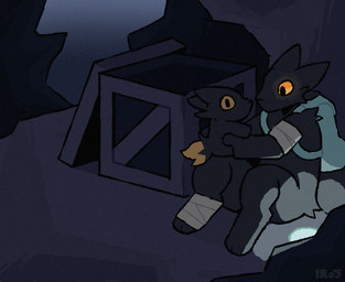 3_toes ambiguous_gender anthro arm_tuft backpack backpack_only bandage bandaged_arm bandaged_leg belly_tuft big_ears big_eyes big_tail biped black_body black_ears black_eyes black_fur black_nose black_tail blue_backpack box cave cheek_tuft container crate curious digitigrade dipstick_tail facial_tuft feet flashlight fur glowing glowing_eyes holding_object holding_plushie inside looking_at_object looking_at_plushie markings mostly_nude open_box orange_sclera orange_tail_tip plushie pupils rock shoulder_tuft sitting slit_pupils snout solo tail tail_markings text toes tuft wooden_crate ir0sucks casualties:_unknown canid canine expie_(gunsawian) fox gunsawian hybrid mammal murid murine rat rodent 2026 artist_name digital_drawing_(artwork) digital_media_(artwork) hi_res shaded watermark