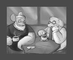 anthro beard beverage clothing coffee coffee_cup container cup duo eyewear facial_hair glasses humanoid_hands male overweight overweight_male shirt sitting topwear cottoncandycoon mammal mouse murid murine rodent 2011 monochrome story story_in_description