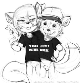 animal_genitalia anthro balls baseball_cap biped bottomless bottomless_female bottomless_male claws clothed clothing cross cross_necklace duo eyebrows female front_view genitals gesture hair half-closed_eyes hand_gesture hat headgear headwear jewelry looking_at_viewer male narrowed_eyes necklace sheath shirt short_hair simple_background standing text text_on_clothing text_on_shirt text_on_topwear tongue tongue_out topwear v_sign vulva white_background young young_anthro young_female young_male horemheb canid canine canis mammal wolf 2024 black_and_white english_text monochrome sketch