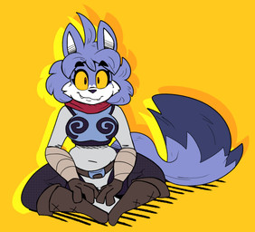 anthro armor belt black_eyebrows black_nose blue_body blue_ears blue_fur blue_hair blue_tail blue_tail_tip boots breastplate breasts brown_boots brown_clothing brown_footwear cheek_tuft clothed clothed_anthro clothed_female clothing countershading dipstick_tail eyebrows eyelashes facial_tuft fangs female fingers footwear front_view fully_clothed fully_clothed_anthro fully_clothed_female fur hair kerchief legwear markings mouth_closed neckerchief neckwear red_eyes red_kerchief red_neckerchief shoes simple_background sitting small_waist smile solo tail tail_markings teeth thick_eyebrows topwear tuft white_body white_countershading white_fur white_inner_ear yellow_background yellow_sclera cloudidoodles roxanne_oxley canid canine fox mammal 2022 absurd_res digital_drawing_(artwork) digital_media_(artwork) full-length_portrait hi_res portrait