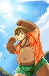 anthro belly big_belly blush bottomwear brown_body bulge clothed clothing hat headgear headwear humanoid_hands kemono male moobs nipples open_clothing open_shirt open_topwear outside overweight overweight_male shirt shorts solo straw_hat sun topwear tengzai05 lifewonders tokyo_afterschool_summoners volos_(tas) bear mammal 2023 hi_res