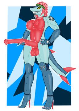 animal_genitalia animal_penis anthro balls big_penis breasts claws clothing equine_genitalia equine_penis feet fin footwear genitals gynomorph high_heels intersex kerchief machine nails nipples penis round_breasts sharp_teeth shoes solo tail teeth toe_claws yellow_eyes twotusk fish marine robot shark hi_res