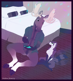 anthro antlers bed border brown_body brown_fur carpet clothing cloven_hooves duo electronics female fur furniture green_clothing green_eyes green_shirt green_topwear hooves horn male party phone purple_border shirt smile tail tail_motion tailwag topwear conditional_dnp fricken_stoat fret moose_mower deer mammal moose mustelid musteline new_world_deer stoat true_musteline weasel absurd_res hi_res