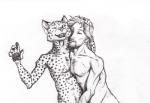 5_fingers anthro duo fingers hair hand_on_head hand_on_hip human_on_anthro interspecies looking_at_another looking_at_partner male male/male markings nipples nude one_eye_closed open_mouth pawpads scar simple_background smile spots spotted_body teeth white_background 0laffson enorach_(0laffson) lars_(0laffson) cheetah felid feline human mammal 2019 graphite_(artwork) traditional_media_(artwork)