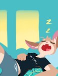 anthro bottomwear brown_body brown_fur clothed clothing countershade_torso countershading eyewear fully_clothed fur glasses head_tuft open_mouth shirt shorts sleeping solo sound_effects t-shirt topwear tuft vowelless vowelless_sound_effect zzz hydrabb mammal 2022 digital_media_(artwork) lineless