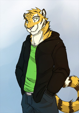anthro black_clothing black_jacket black_topwear blue_bottomwear blue_clothing blue_pants bottomwear cheek_tuft clothed clothing facial_tuft fur gradient_background green_clothing green_eyes green_topwear hand_in_pocket head_tuft jacket looking_aside male male_anthro markings mouth_closed neck_tuft pants pockets simple_background solo standing striped_body striped_fur striped_markings striped_neck striped_tail stripes tail tail_markings topwear tuft white_body white_fur yellow_body yellow_fur solaxe_(artist) ulbrek felid mammal pantherine tiger portrait three-quarter_portrait