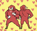 anthro clothing footwear front_view fur gloves hands_on_hips handwear heart_background heart_symbol male multiple_poses muscular muscular_anthro muscular_male pose rear_view red_body red_fur shoes simple_background solo standing yellow_background bukikobuta sega sonic_the_hedgehog_(series) knuckles_the_echidna echidna mammal monotreme 2013 low_res